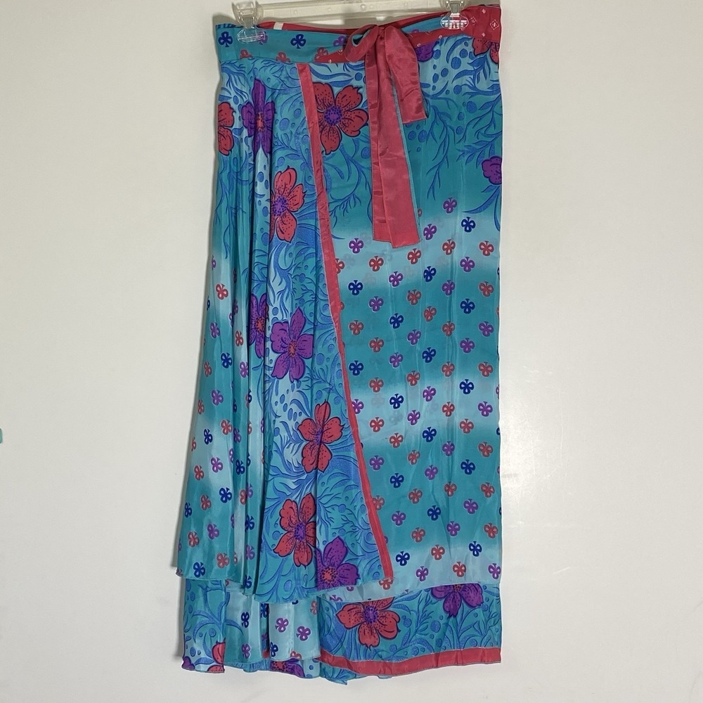 Kariza‎ Wrap Skirt Womens OSFM Blue Floral Silk Layered Womens Boho Extra Long